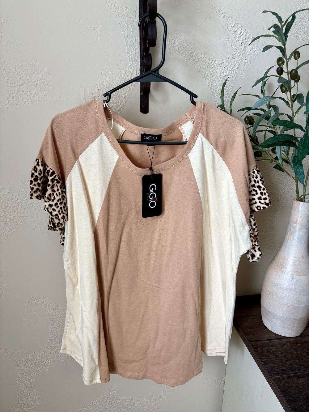 Taupe & Cream Raglan Top with Leopard Trim